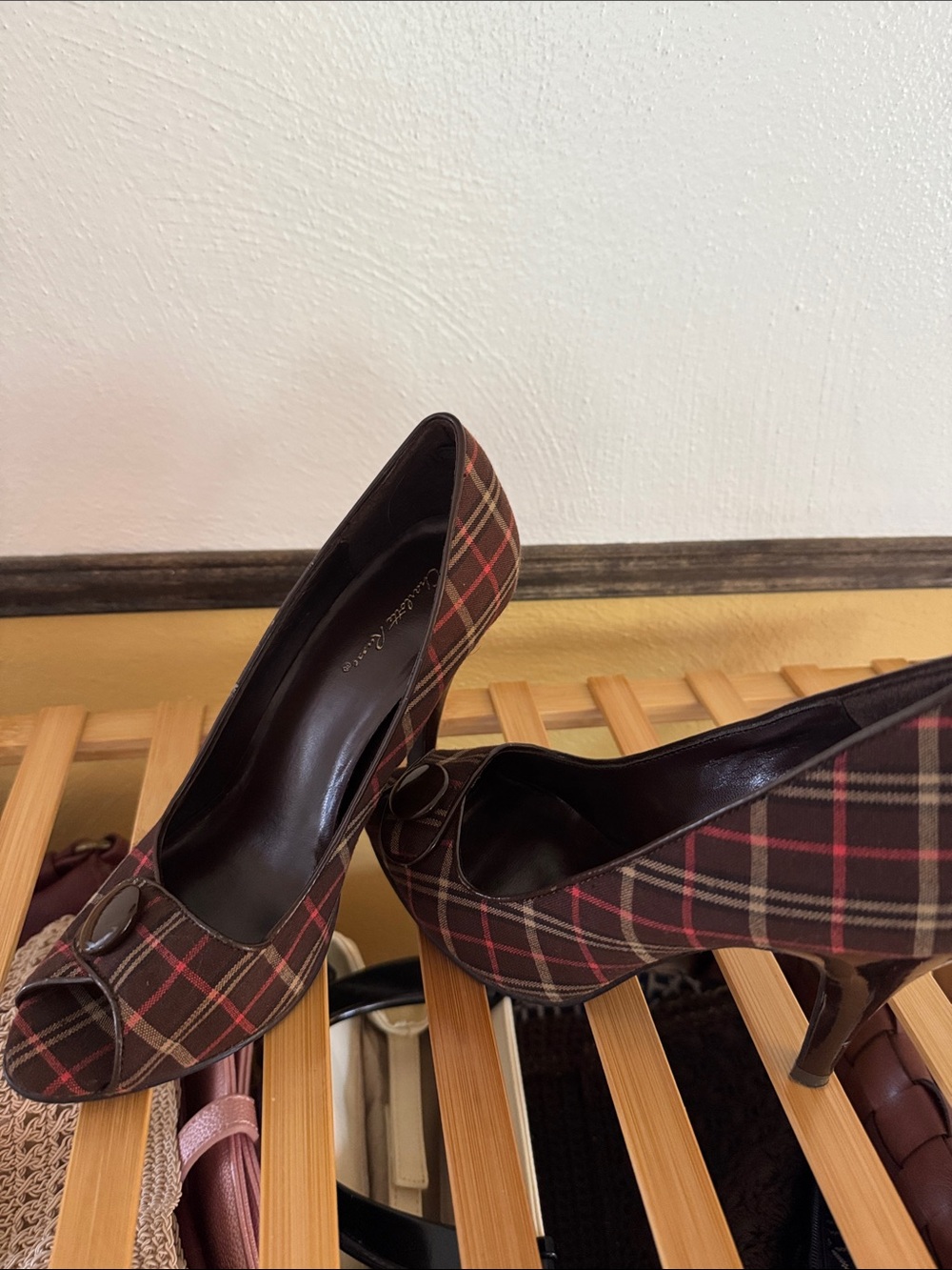 Plaid Peep-Toe Heels in Brown and Red - Women's Dress Pumps